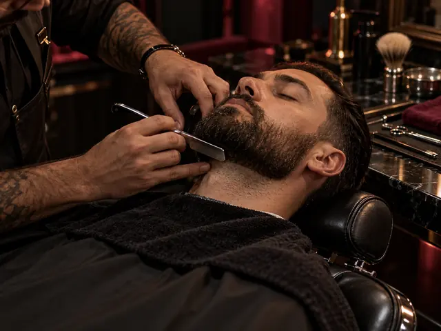 Barber upravuje klientovi vousy břitvou, klient leží v koženém křesle