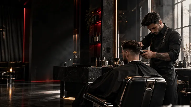 Barber stříhá klienta v tmavém salonu s mramorovým pultem a bordovým světlem